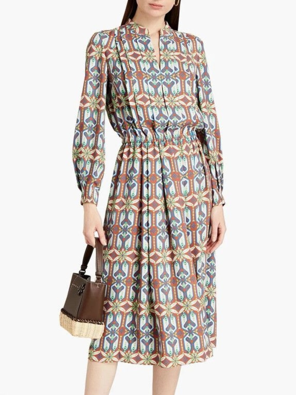 Tory Burch Geometric Garden Maze Pleated Midi Shirt Dress Size 4 New!